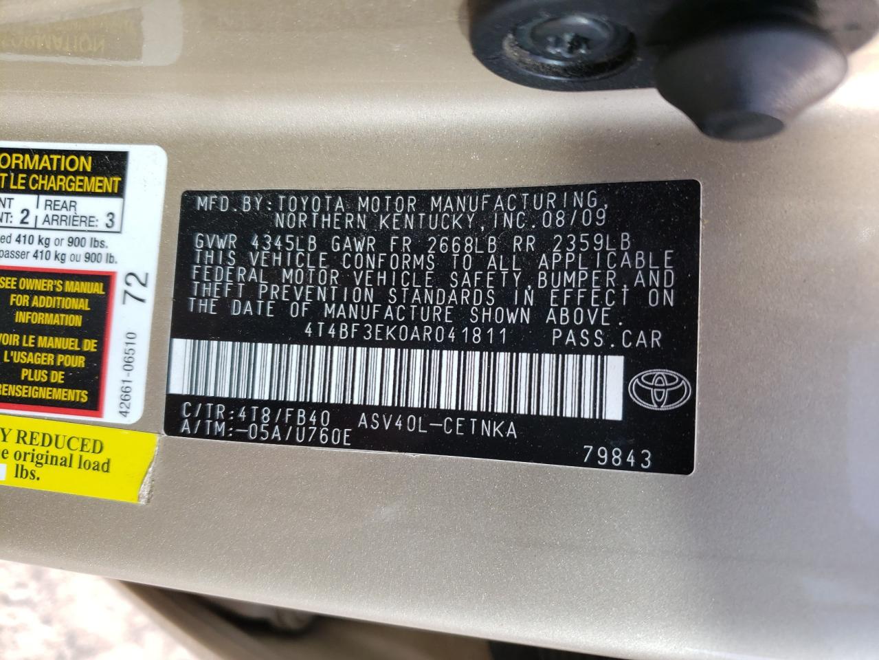 Photo 10 from auction – 2010 TOYOTA CAMRY BASE with VIN 4T4BF3EK0AR041811