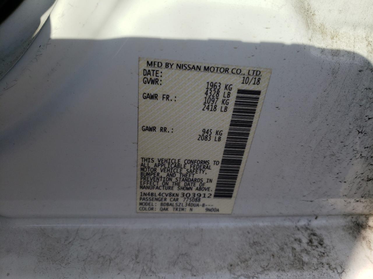 Photo 10 from auction – 2019 NISSAN ALTIMA SR with VIN 1N4BL4CV8KN303912