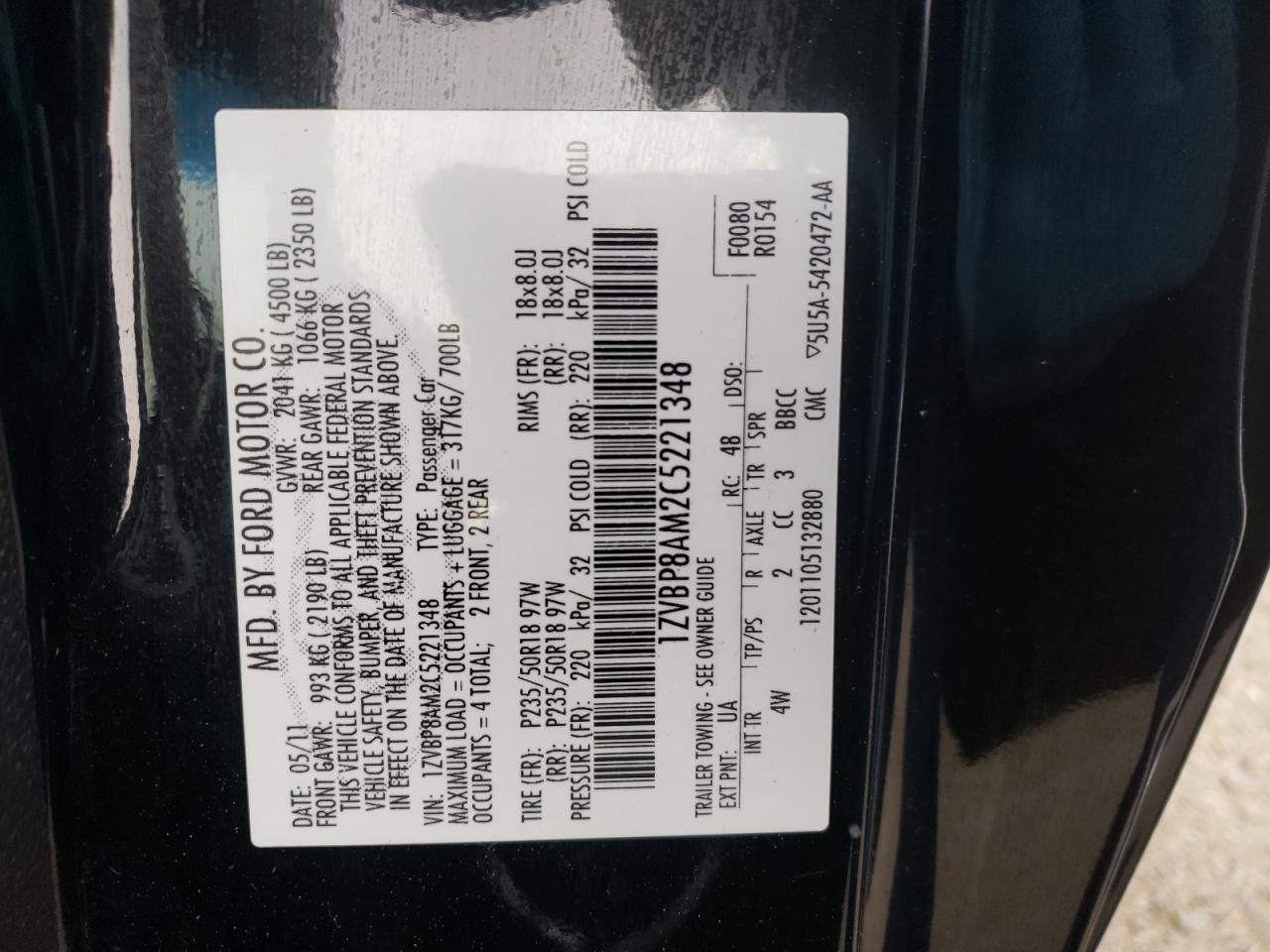 Photo 10 from auction – 2012 FORD MUSTANG with VIN 1ZVBP8AM2C5221348