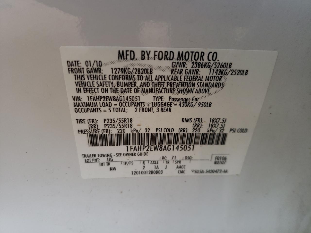 صورة رقم 10 من المزاد - 2010 FORD TAURUS SEL مع VIN 1FAHP2EW8AG145051