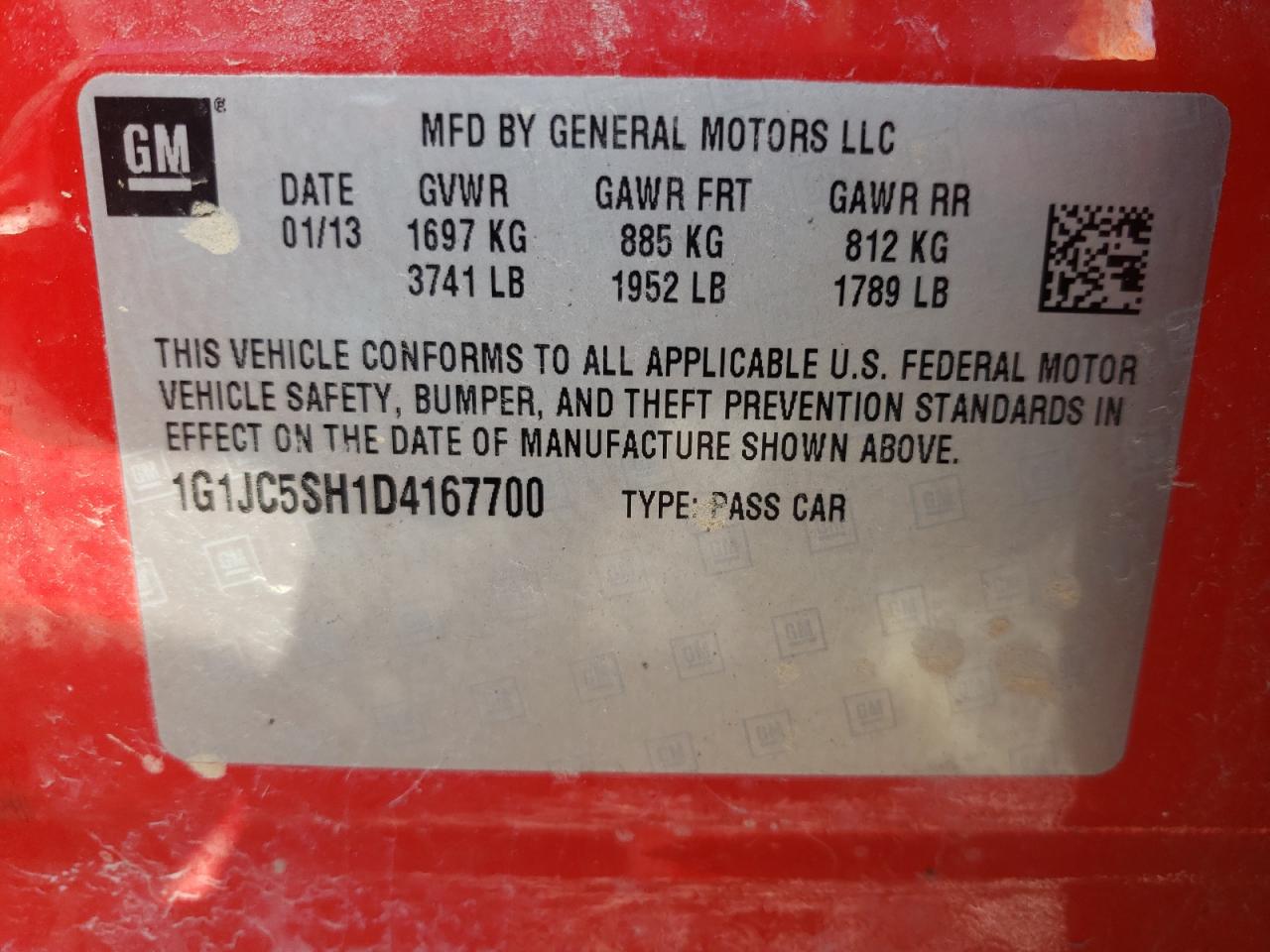 Photo 10 from auction – 2013 CHEVROLET SONIC LT with VIN 1G1JC5SH1D4167700