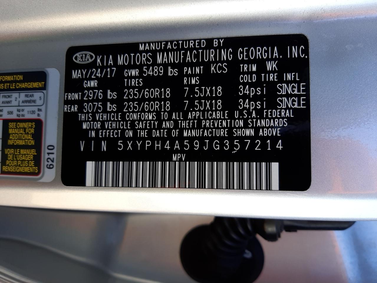 Photo 10 from auction – 2018 KIA SORENTO EX with VIN 5XYPH4A59JG357214