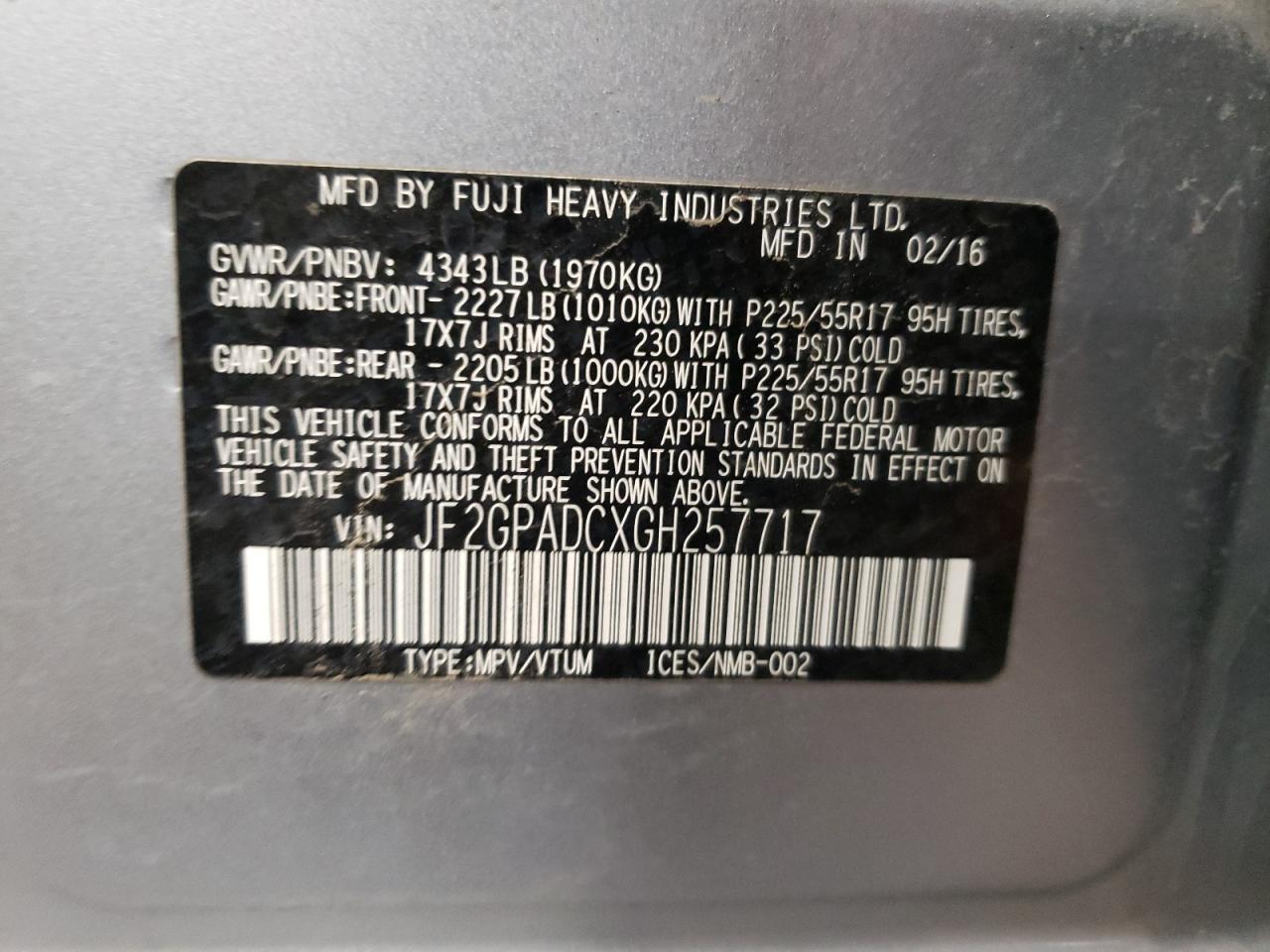 Photo 10 from auction – 2016 SUBARU CROSSTREK with VIN JF2GPADCXGH257717