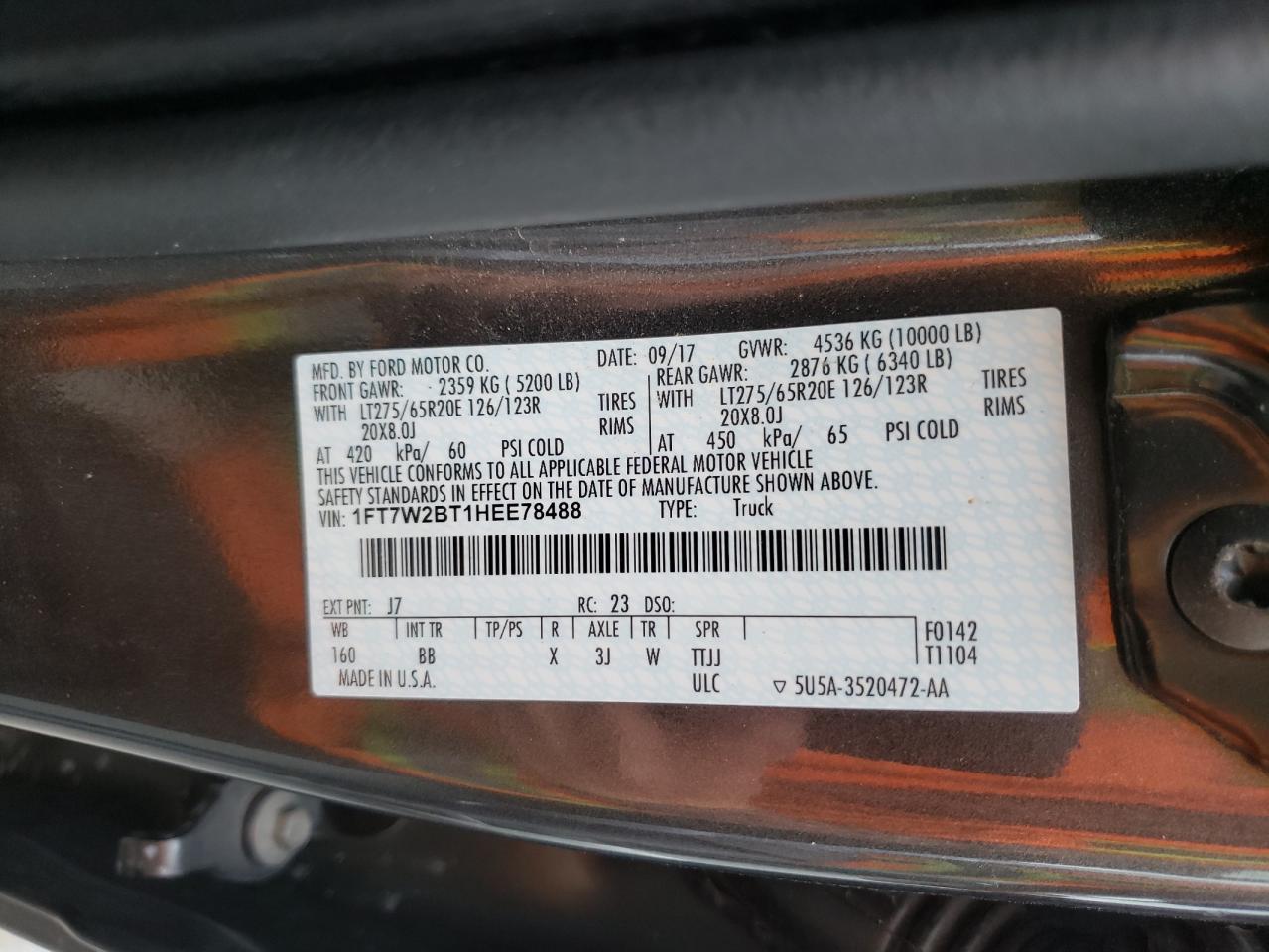 Photo 10 from auction – 2017 FORD F250 SUPER with VIN 1FT7W2BT1HEE78488