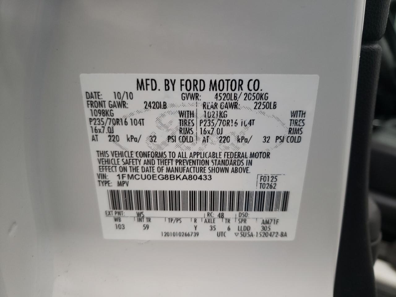 Photo 10 from auction – 2011 FORD ESCAPE LIM with VIN 1FMCU0EG8BKA80433