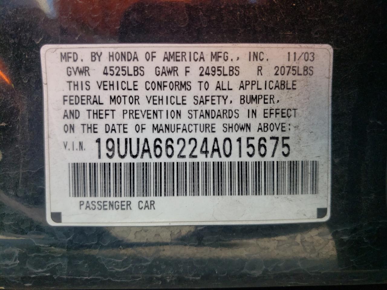 Photo 10 from auction – 2003 ACURA TL with VIN 19UUA66224A015675