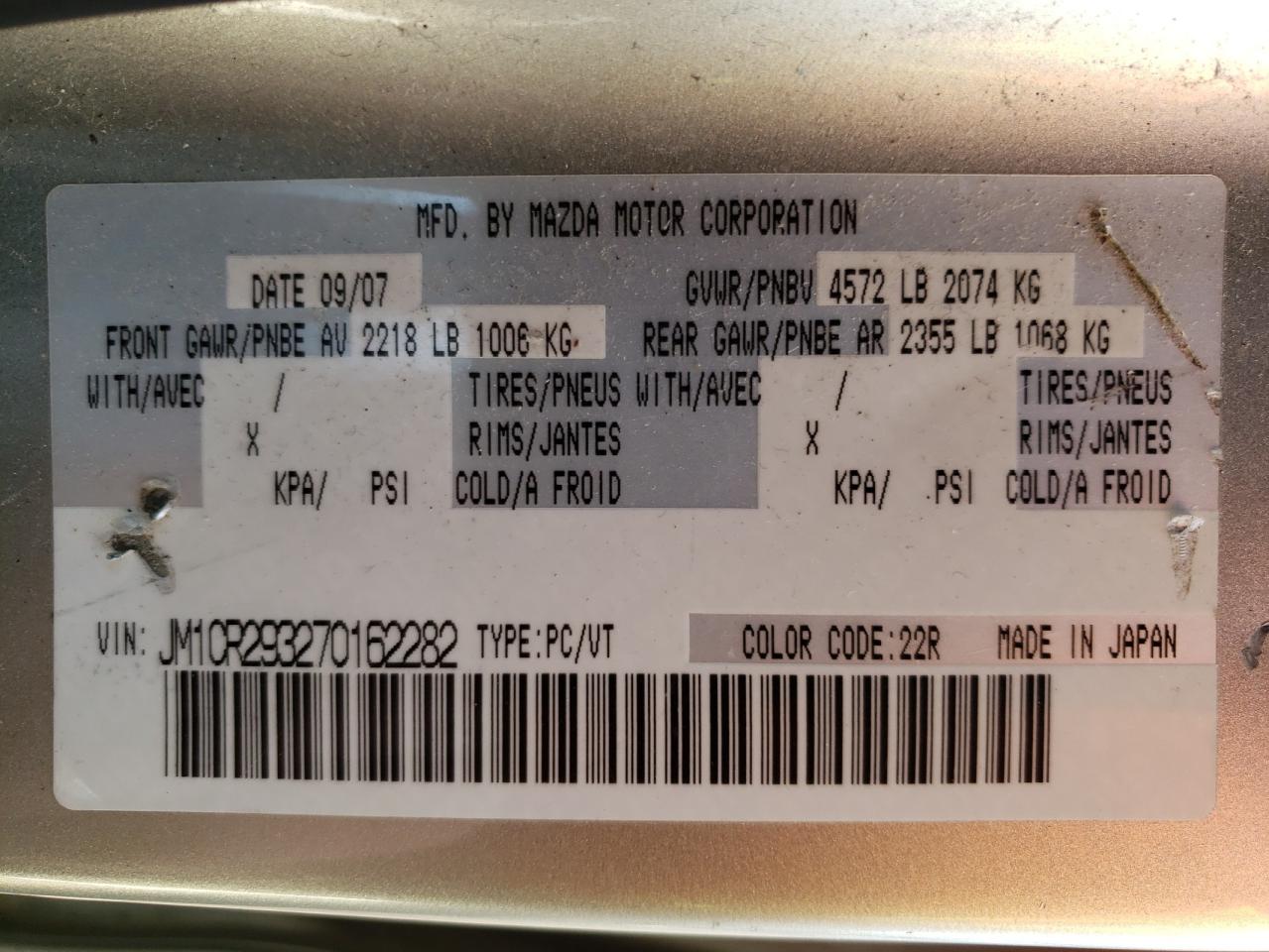 Photo 10 from auction – 2007 MAZDA 5 with VIN JM1CR293270162282