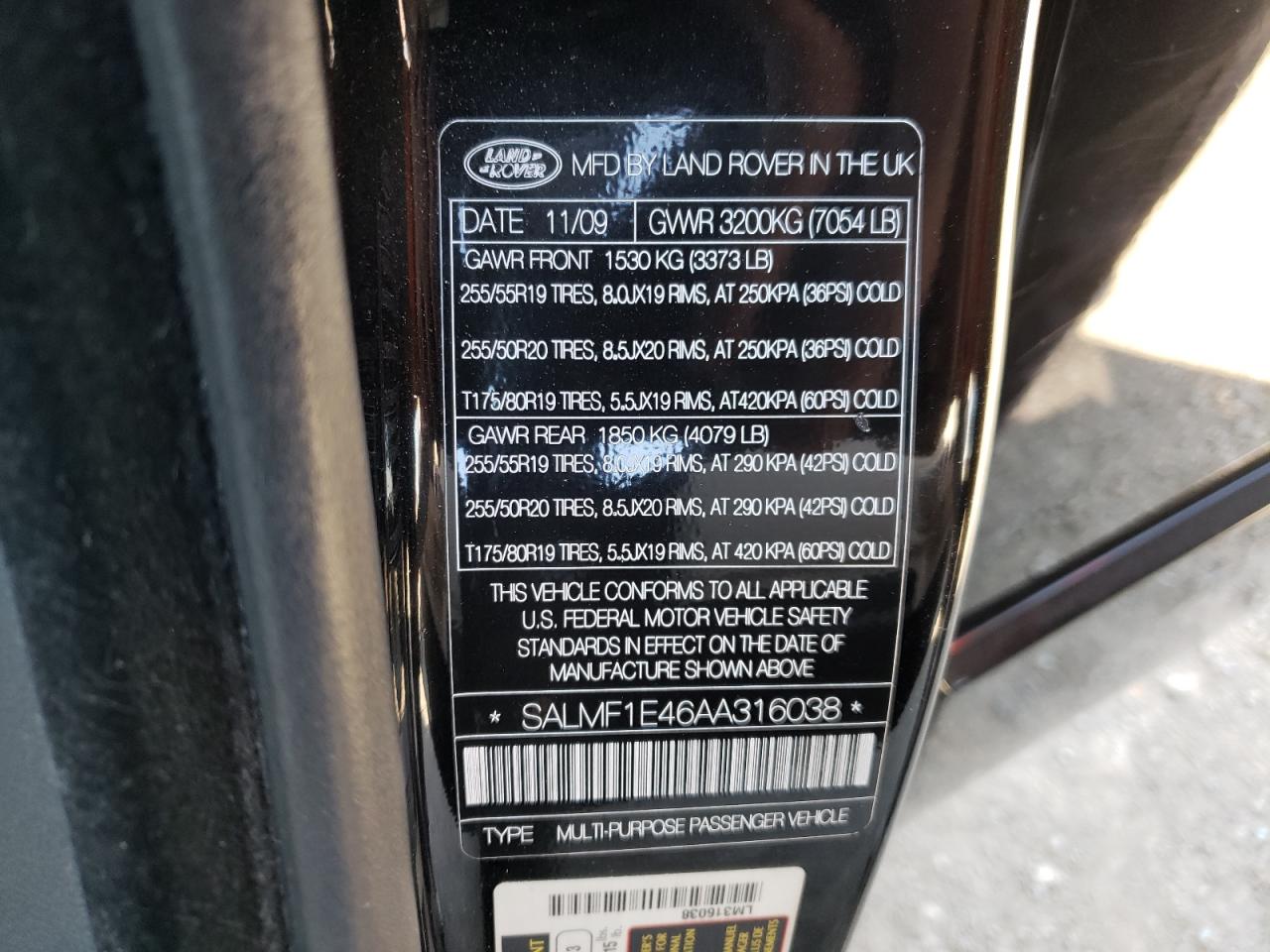 Photo 10 from auction – 2010 LAND ROVER RANGE ROVE with VIN SALMF1E46AA316038