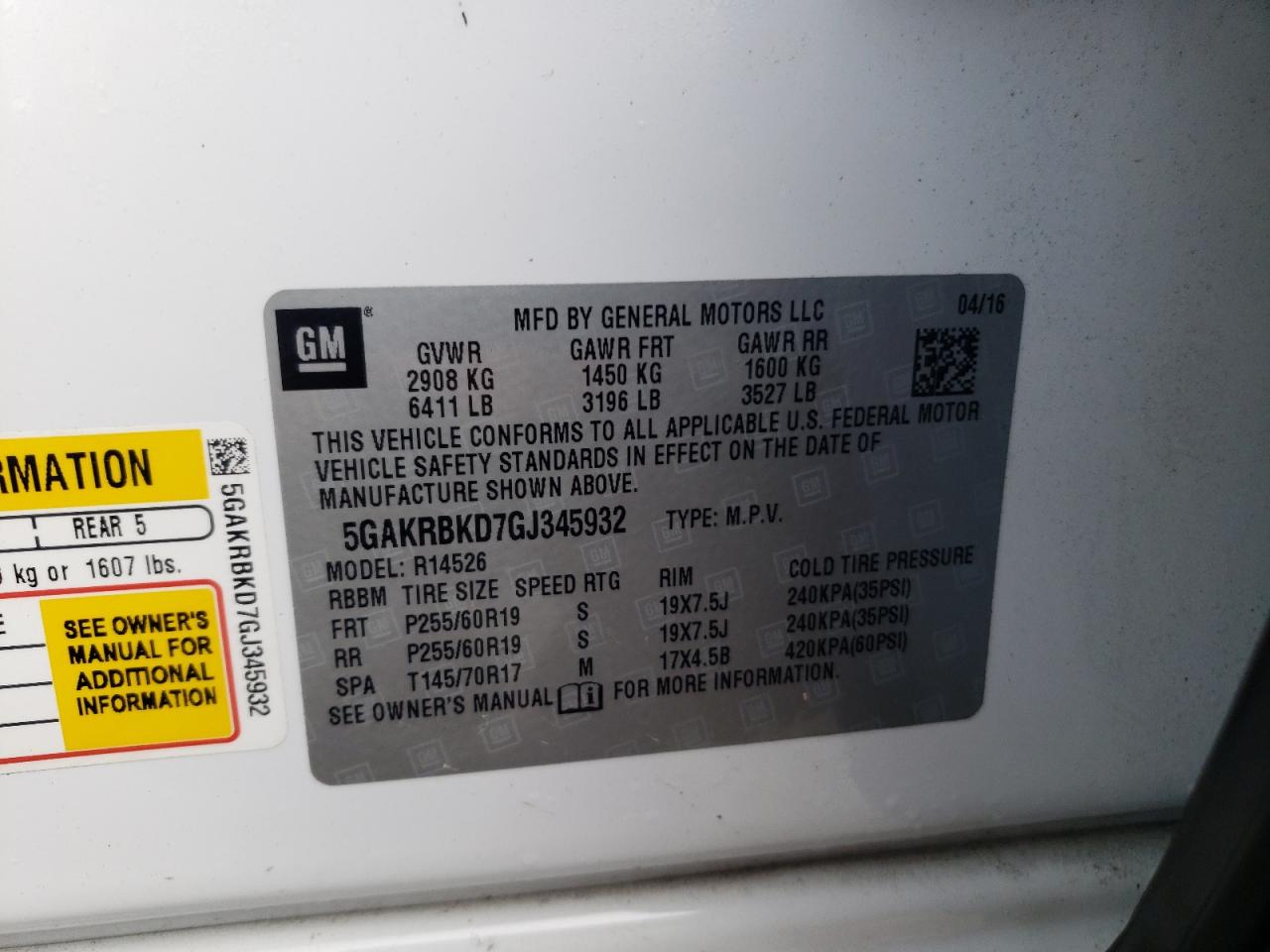 Photo 10 from auction – 2016 BUICK ENCLAVE with VIN 5GAKRBKD7GJ345932