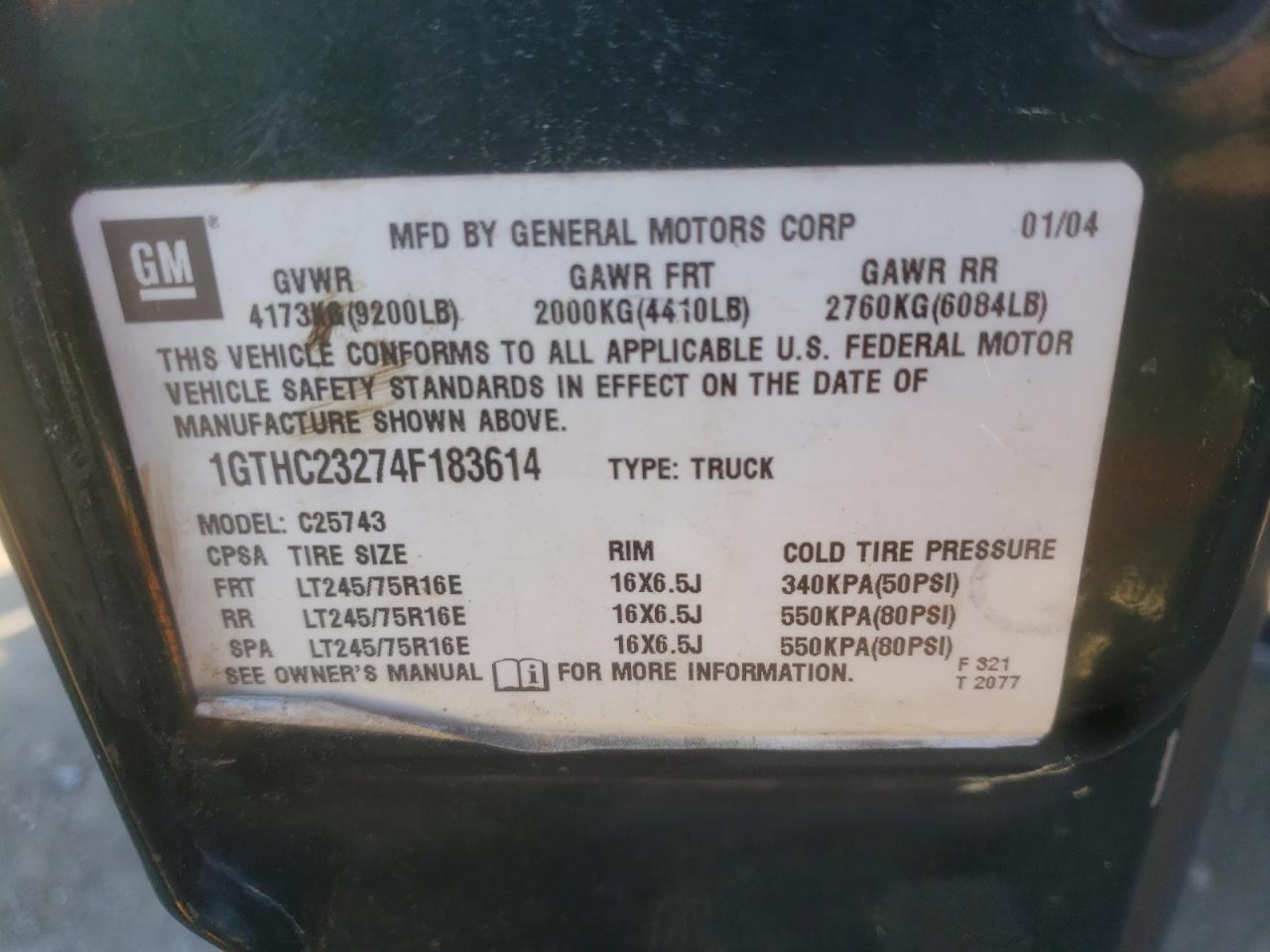 Photo 10 from auction – 2004 GMC SIERRA C25 with VIN 1GTHC23274F183614