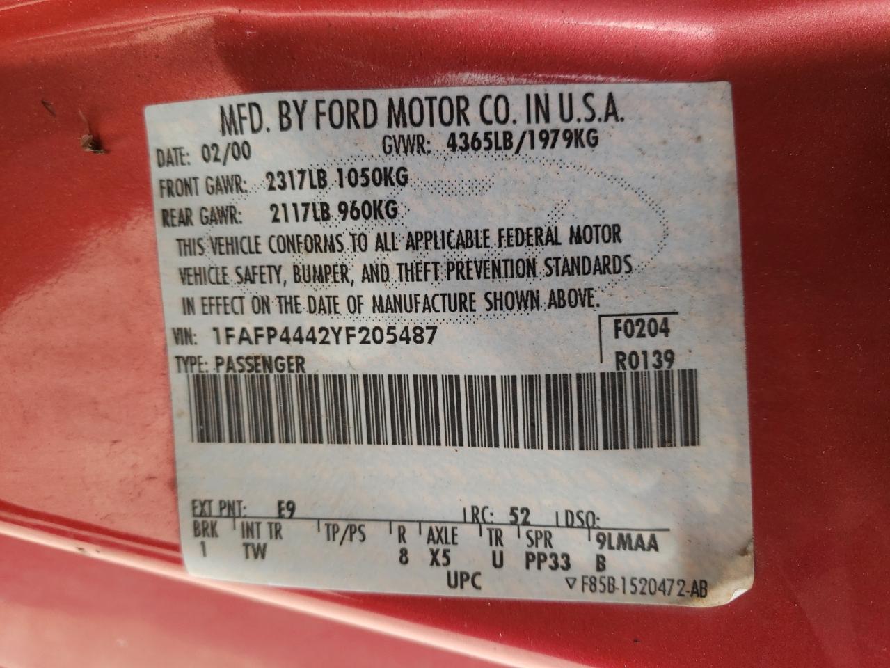 Photo 10 from auction – 2000 FORD MUSTANG with VIN 1FAFP4442YF205487