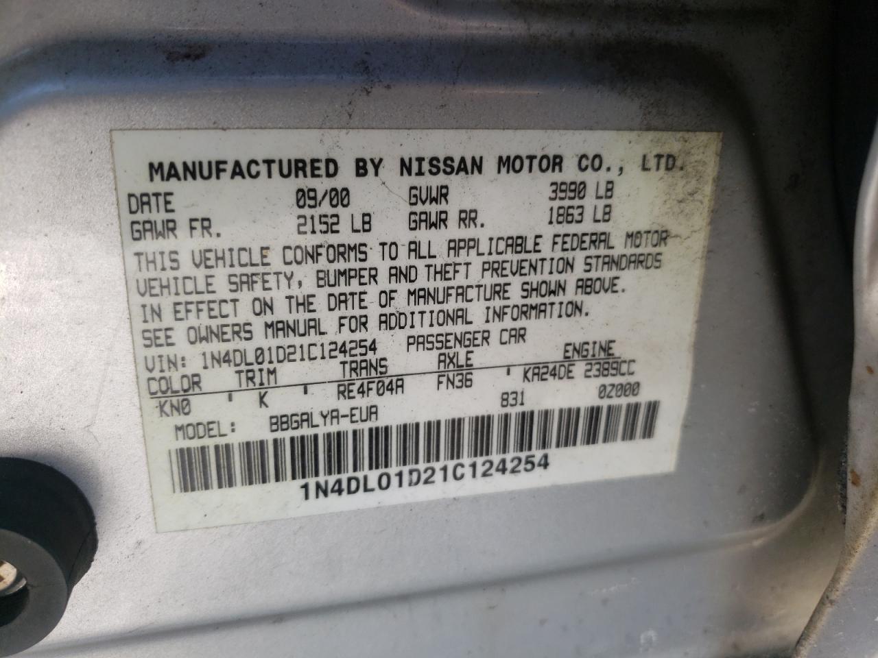 Photo 10 from auction – 2001 NISSAN ALTIMA XE with VIN 1N4DL01D21C124254