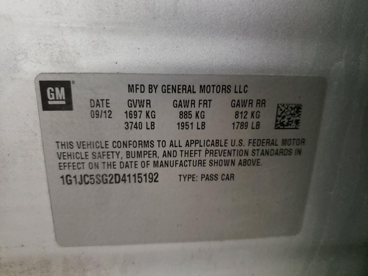 Photo 10 from auction – 2013 CHEVROLET SONIC LT with VIN 1G1JC5SG2D4115192