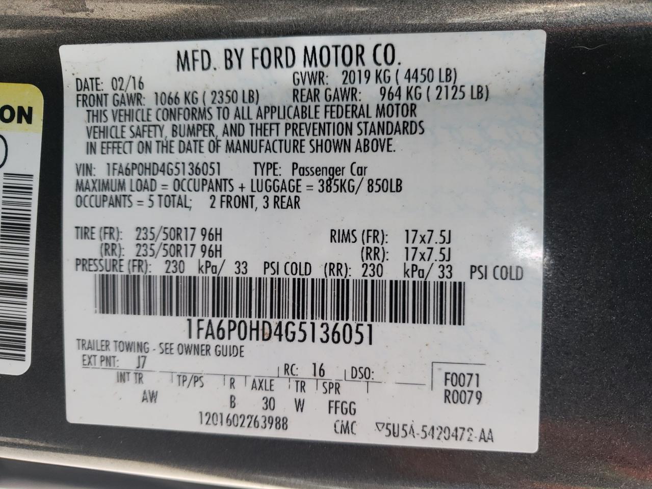Photo 10 from auction – 2016 FORD FUSION SE with VIN 1FA6P0HD4G5136051