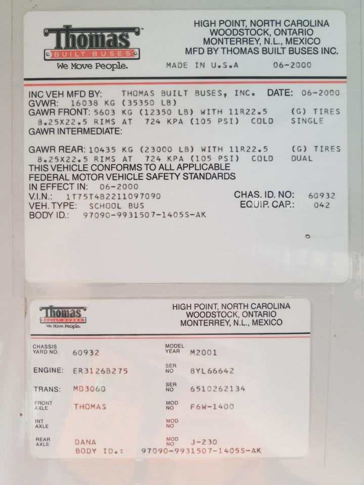 Photo 10 from auction – 2001 THOMAS SCHOOL BUS with VIN 1T75T4B2211097090