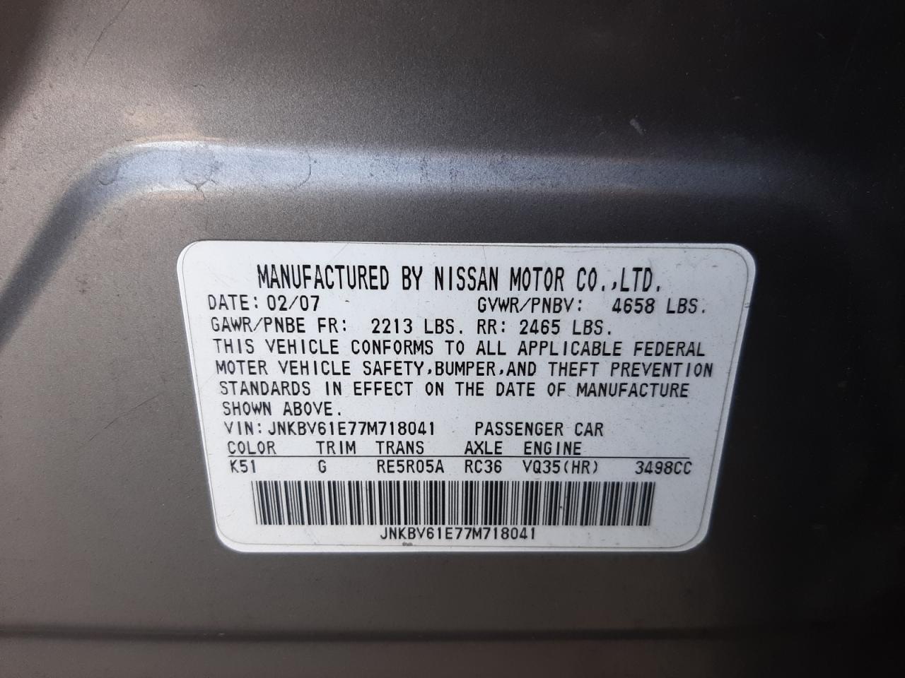 Photo 10 from auction – 2007 INFINITI G35 with VIN JNKBV61E77M718041