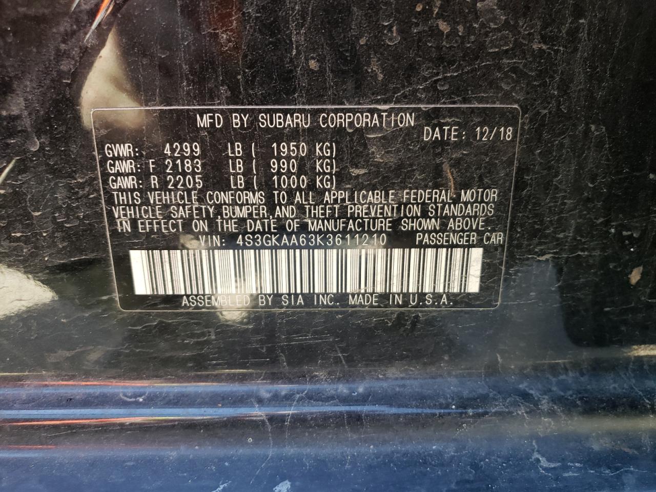 Photo 10 from auction – 2019 SUBARU IMPREZA with VIN 4S3GKAA63K3611210