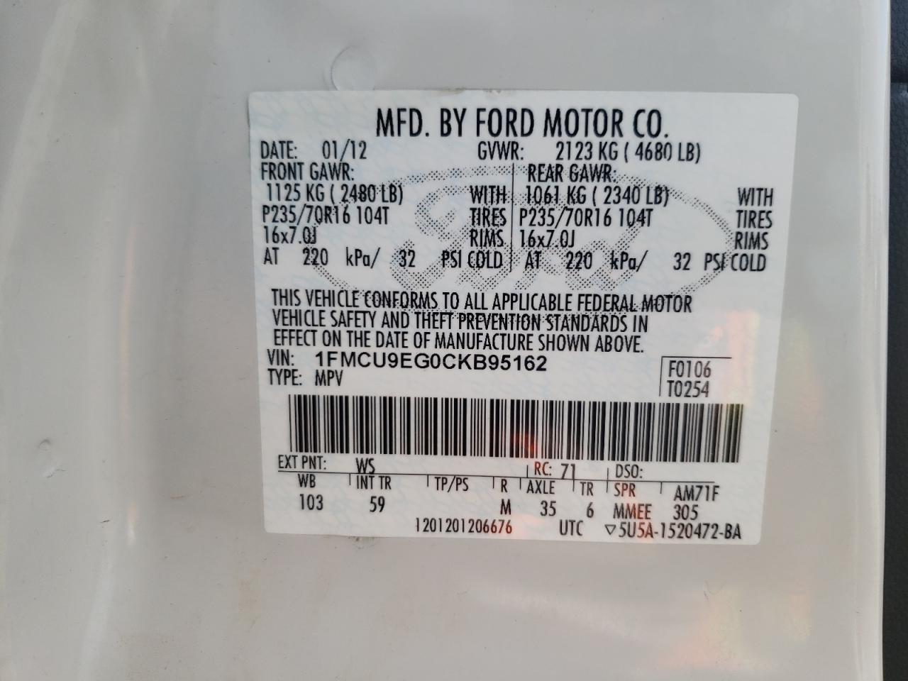 Photo 10 from auction – 2012 FORD ESCAPE LIM with VIN 1FMCU9EG0CKB95162