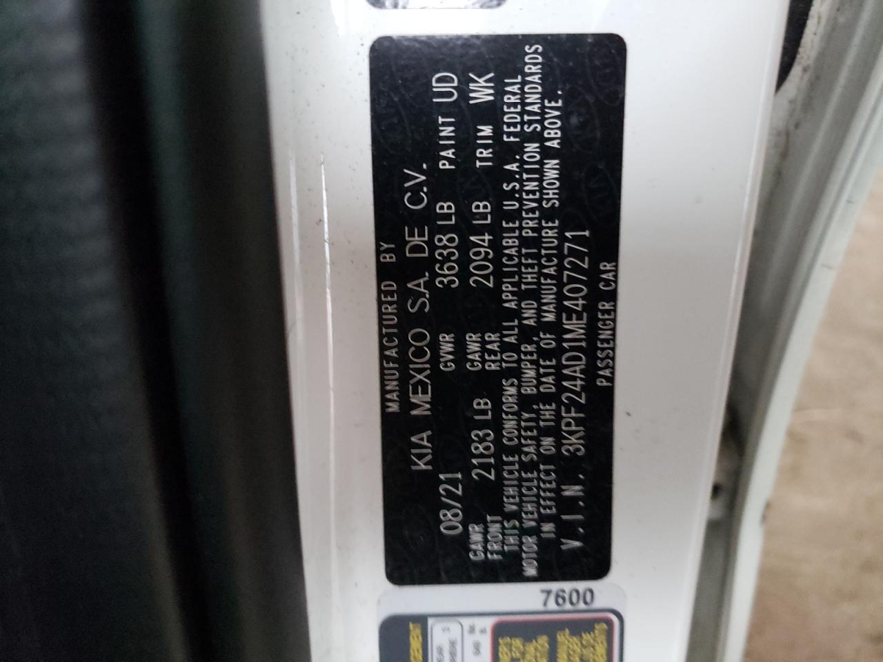 Photo 10 from auction – 2021 KIA FORTE FE with VIN 3KPF24AD1ME407271