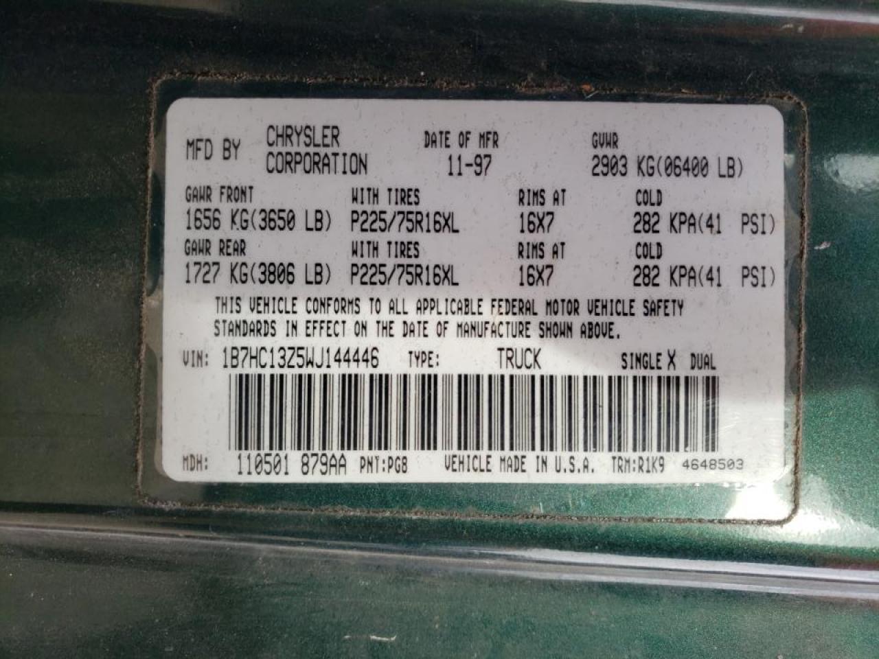 Photo 10 from auction – 1998 DODGE RAM 1500 with VIN 1B7HC13Z5WJ144446