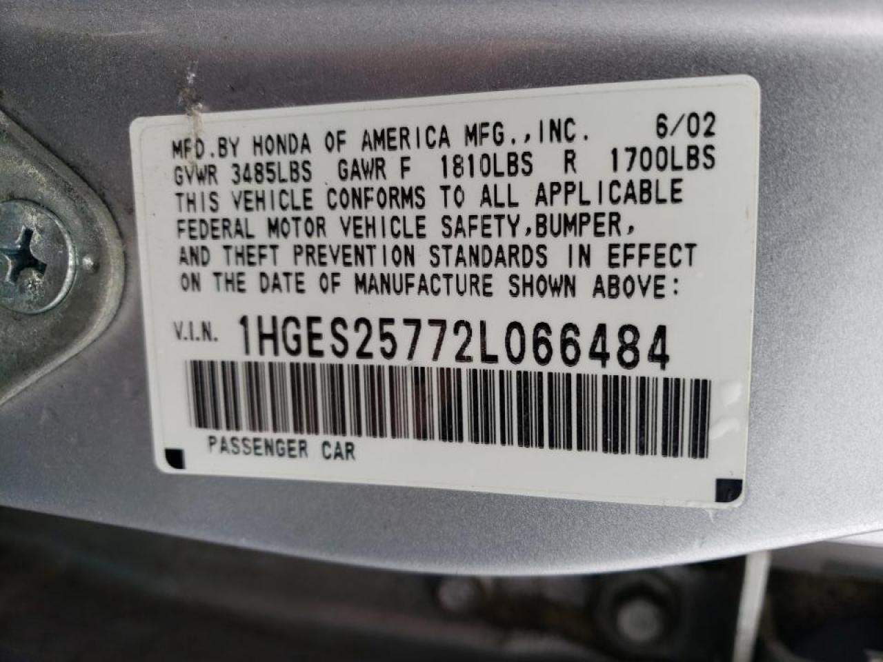 Photo 10 from auction – 2002 HONDA CIVIC EX with VIN 1HGES25772L066484
