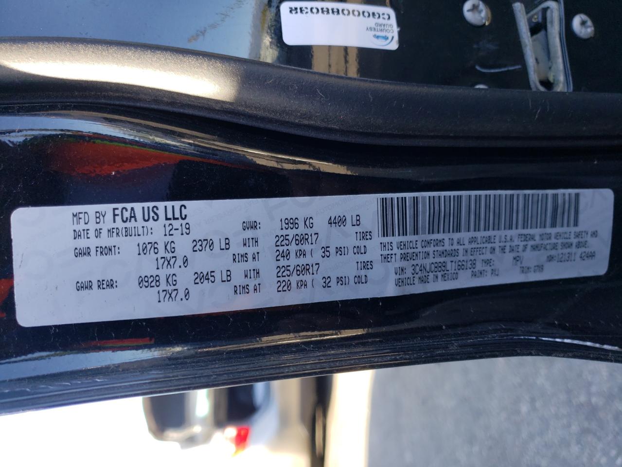 Photo 10 from auction – 2020 JEEP COMPASS LA with VIN 3C4NJCBB9LT166138