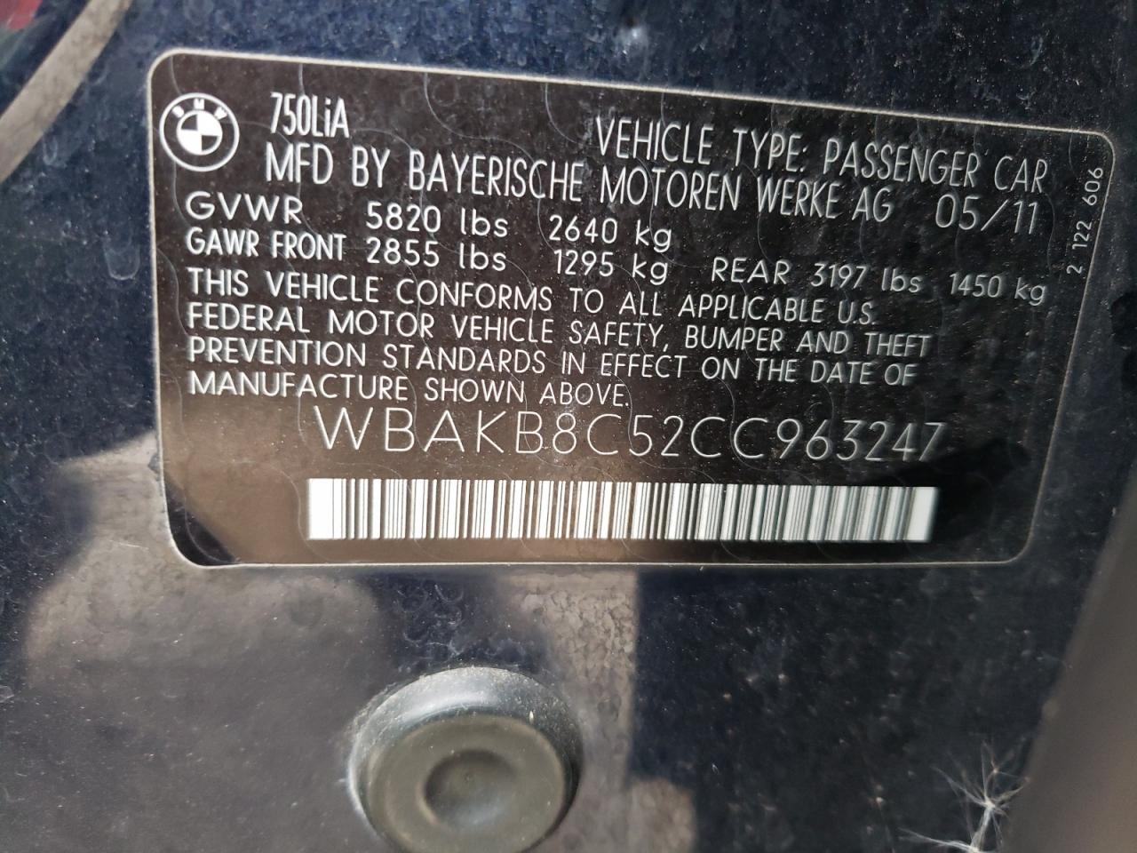 Photo 10 from auction – 2012 BMW 750 LI with VIN WBAKB8C52CC963247