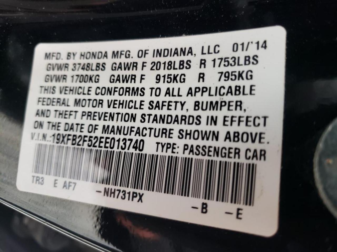 Photo 10 from auction – 2014 HONDA CIVIC LX with VIN 19XFB2F52EE013740