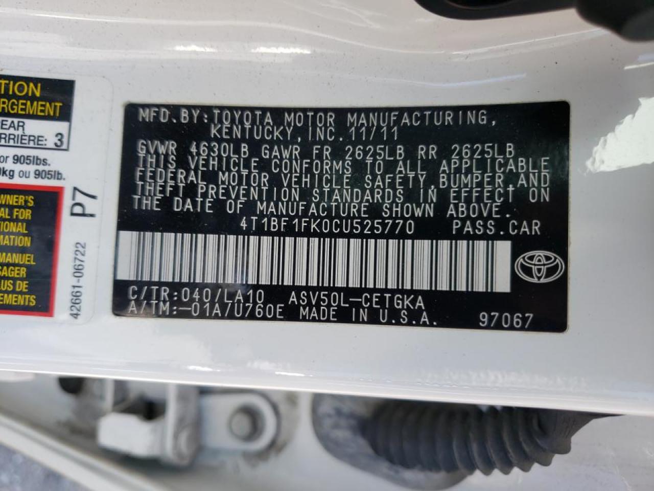 Photo 10 from auction – 2012 TOYOTA CAMRY BASE with VIN 4T1BF1FK0CU525770