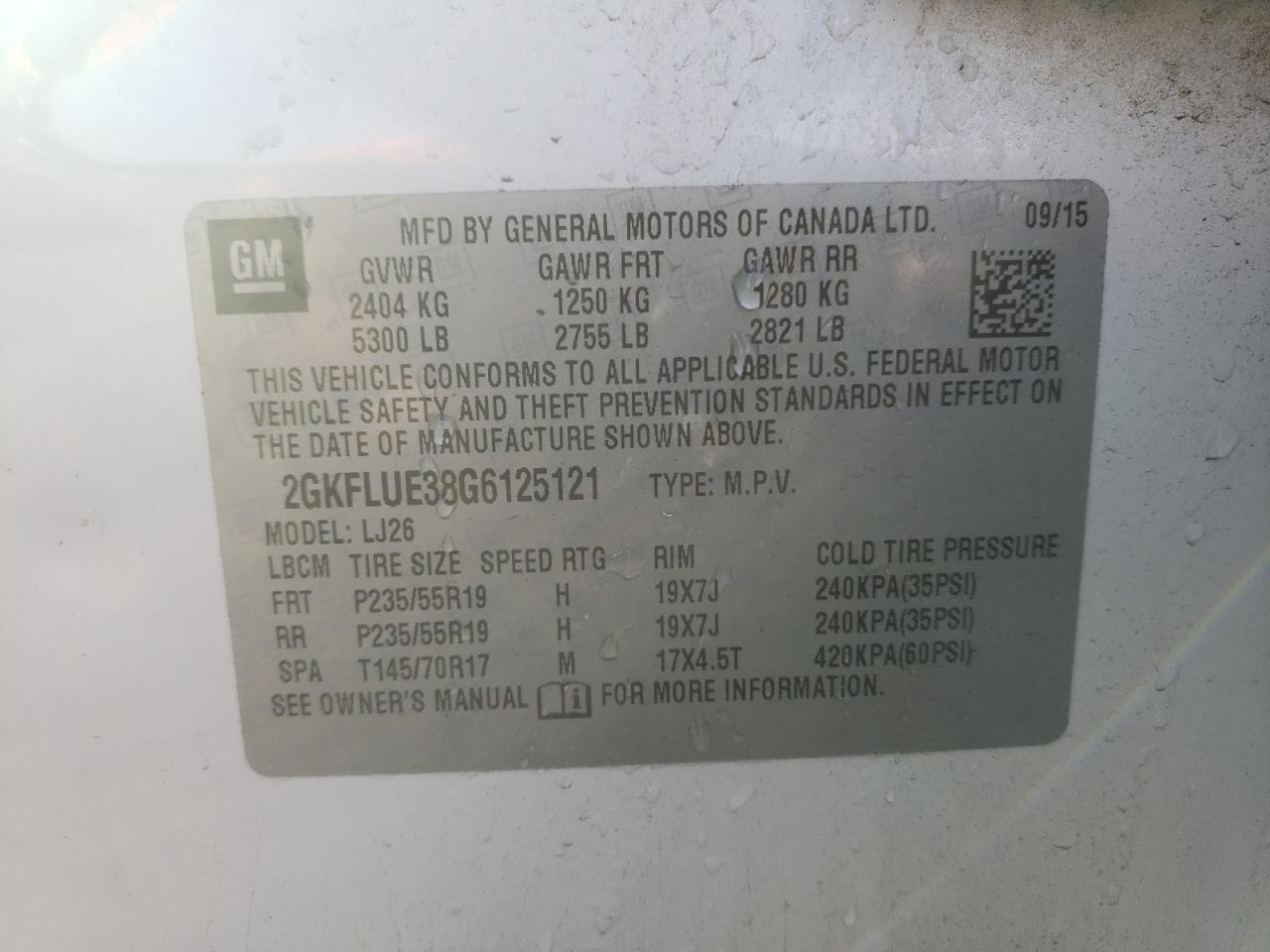 Photo 10 from auction – 2016 GMC TERRAIN SL with VIN 2GKFLUE38G6125121