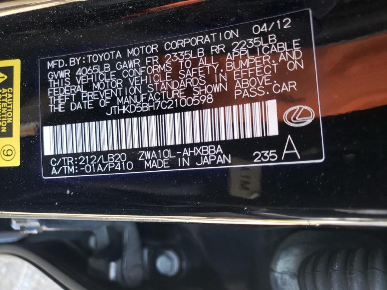 Photo 10 from auction – 2012 LEXUS CT 200 with VIN JTHKD5BH7C2100598