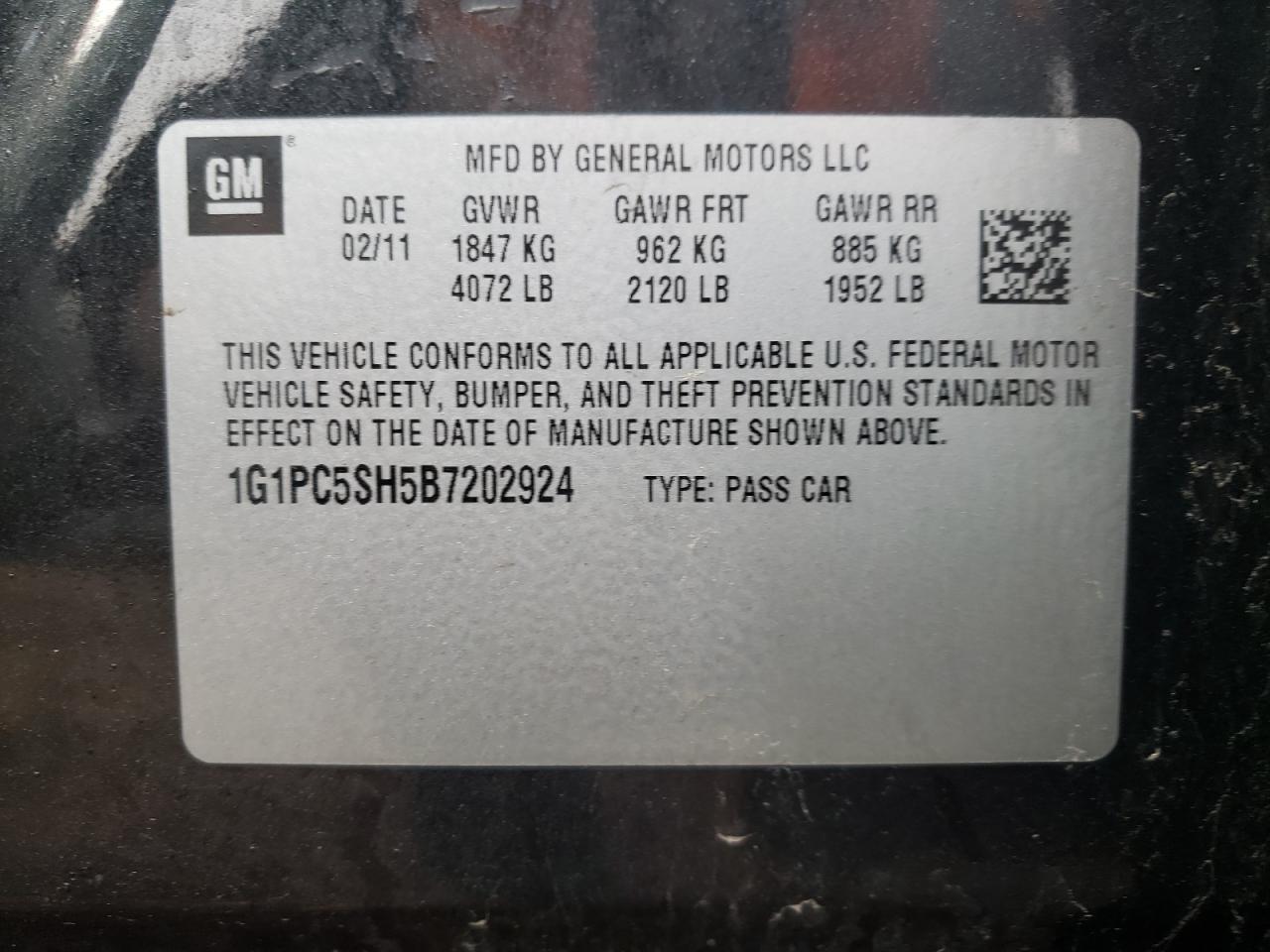 Photo 10 from auction – 2011 CHEVROLET CRUZE LS with VIN 1G1PC5SH5B7202924