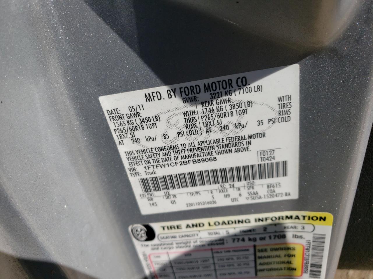 Photo 10 from auction – 2011 FORD F150 SUPER with VIN 1FTFW1CF2BFB89068