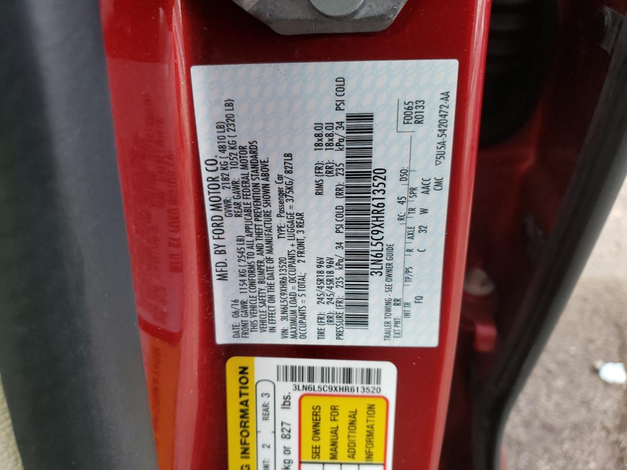 Photo 10 from auction – 2017 LINCOLN MKZ SELECT with VIN 3LN6L5C9XHR613520