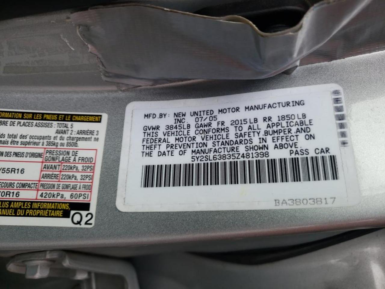 Photo 10 from auction – 2005 PONTIAC VIBE with VIN 5Y2SL63835Z481398
