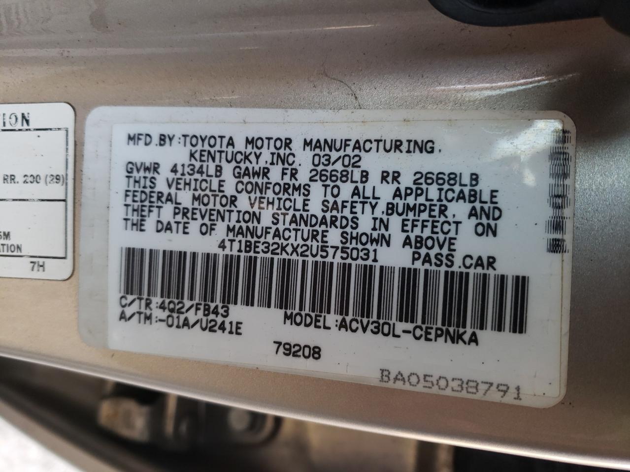 Photo 10 from auction – 2002 TOYOTA CAMRY with VIN 4T1BE32KX2U575031