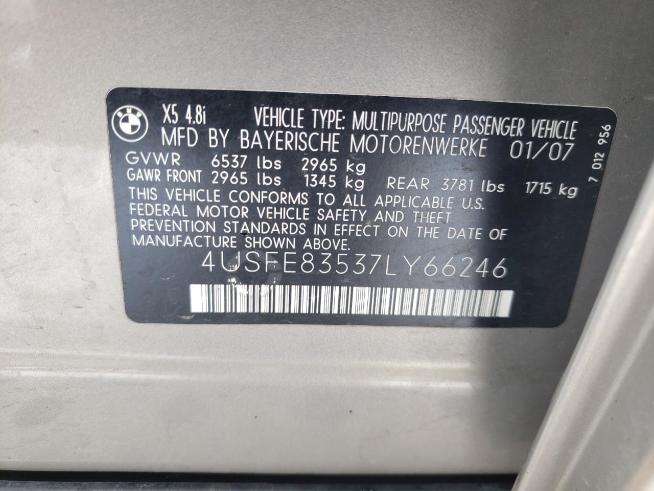Photo 10 from auction – 2007 BMW X5 4.8I with VIN 4USFE83537LY66246