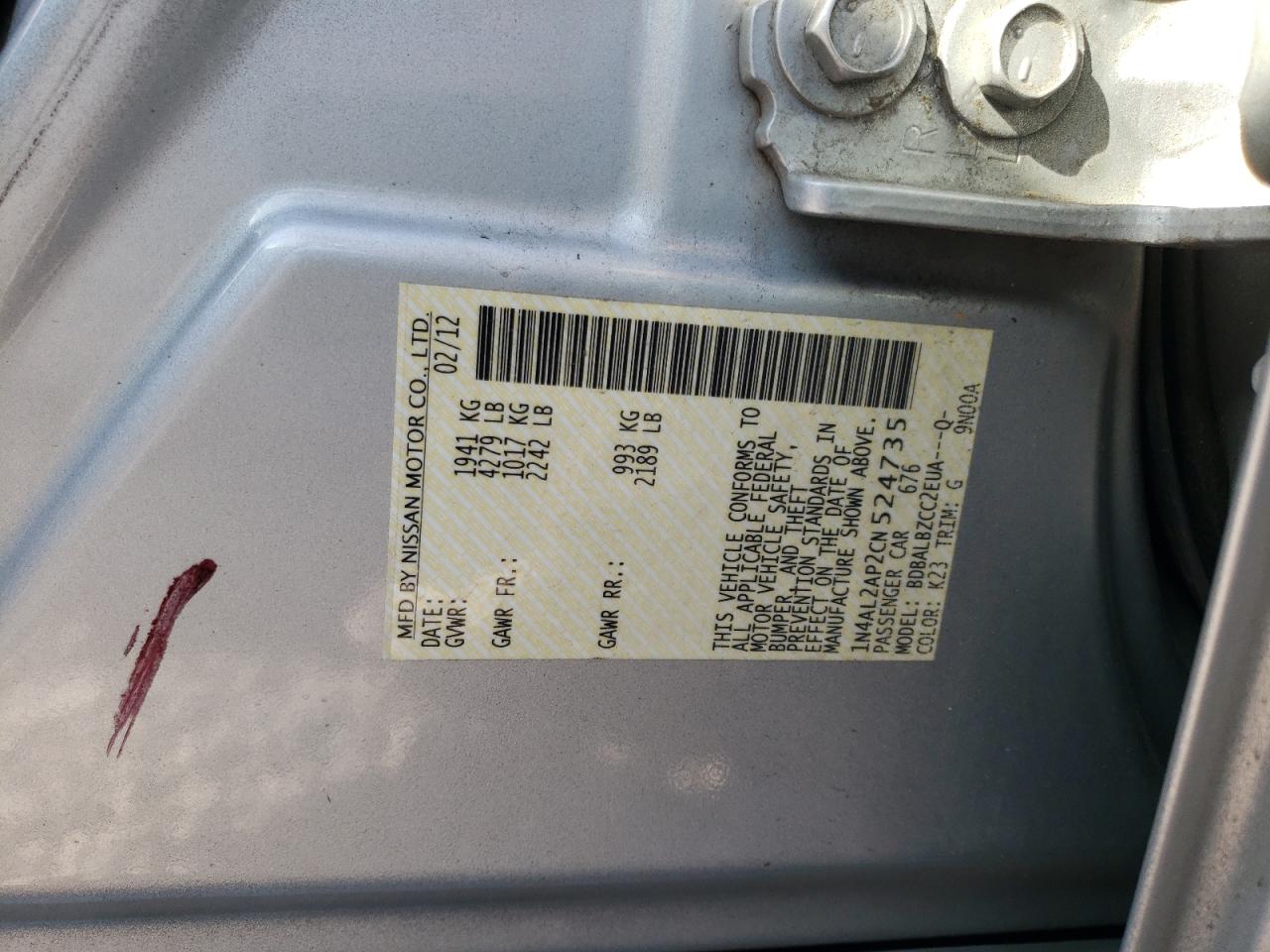 Photo 10 from auction – 2012 NISSAN ALTIMA BAS with VIN 1N4AL2AP2CN524735
