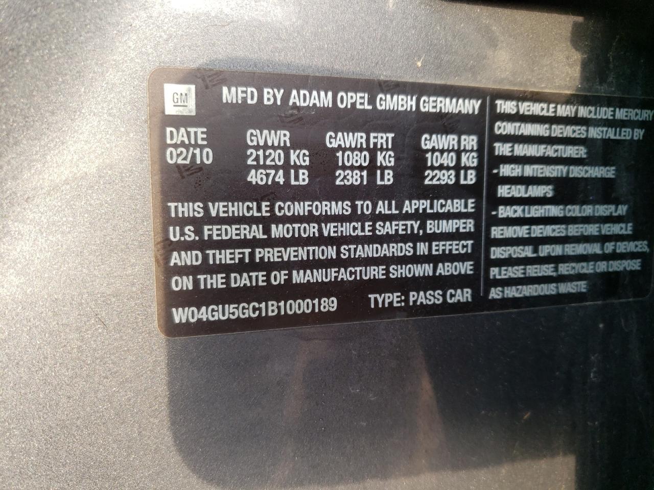 Photo 10 from auction – 2011 BUICK REGAL CXL with VIN W04GU5GC1B1000189