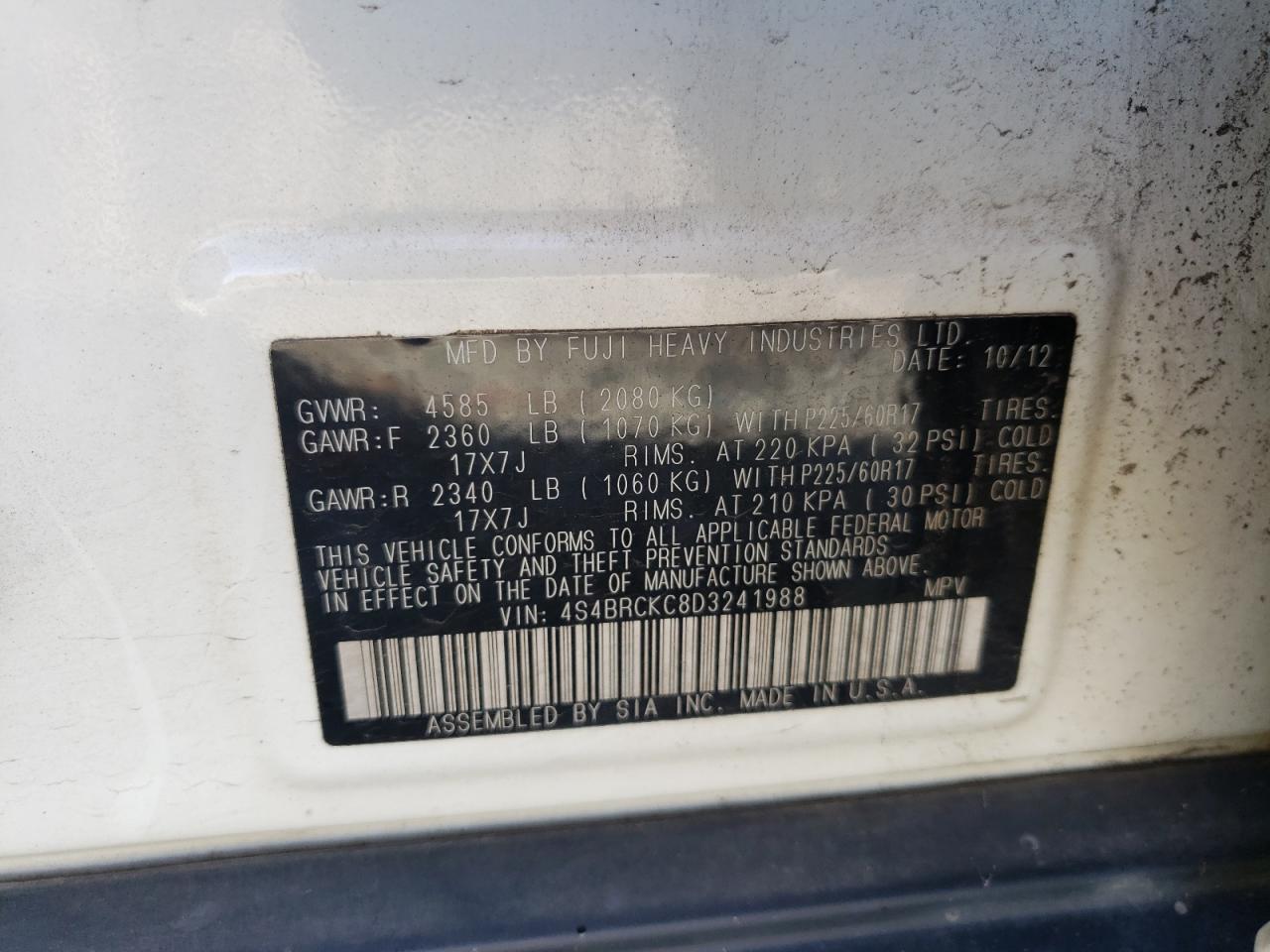 Photo 10 from auction – 2013 SUBARU OUTBACK 2. with VIN 4S4BRCKC8D3241988