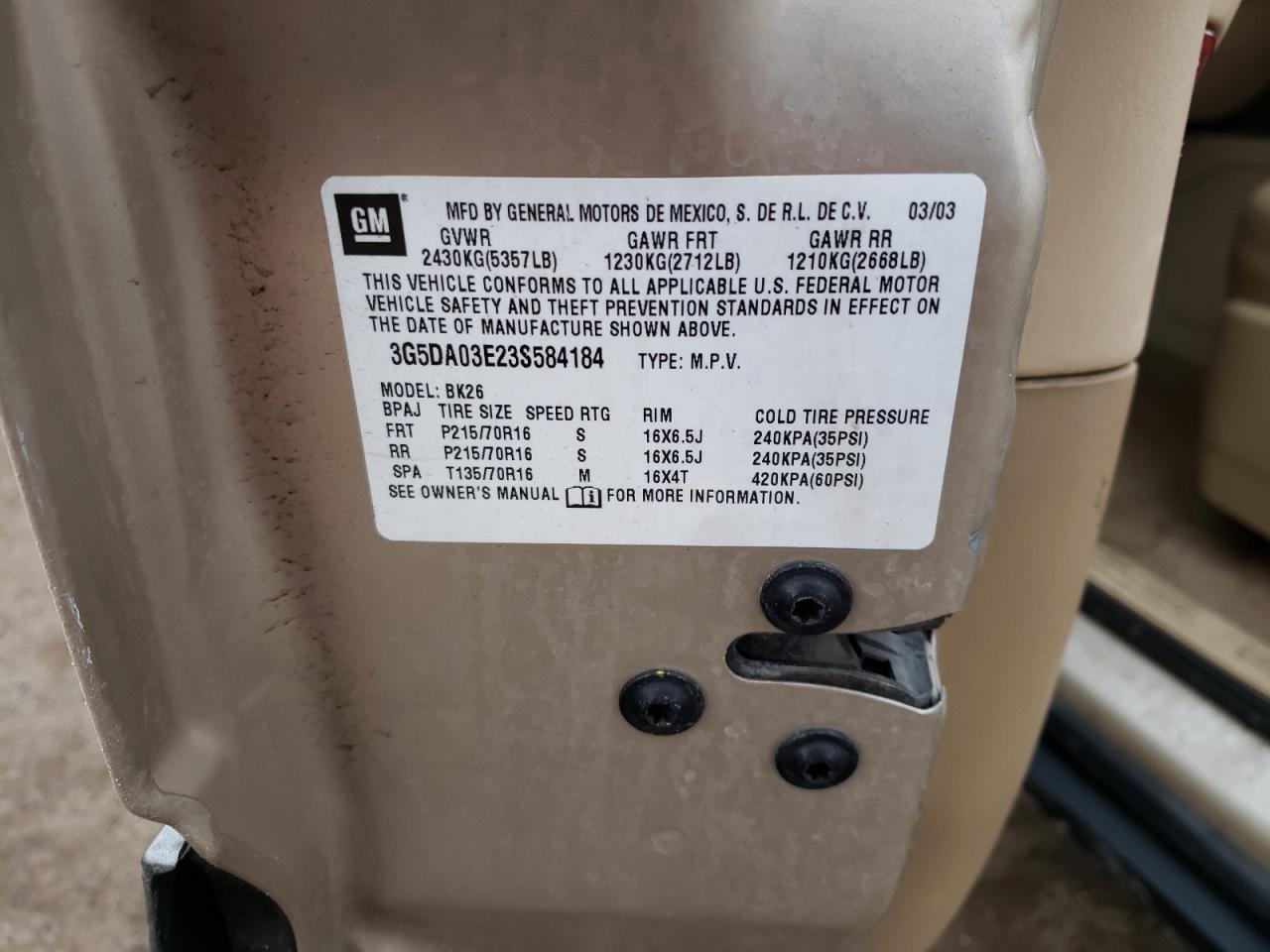 Photo 10 from auction – 2003 BUICK RENDEZVOUS with VIN 3G5DA03E23S584184