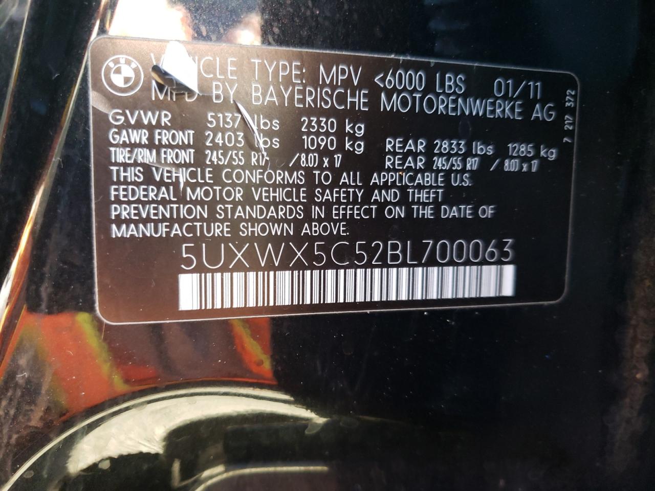 Photo 10 from auction – 2011 BMW X3 XDRIVE2 with VIN 5UXWX5C52BL700063