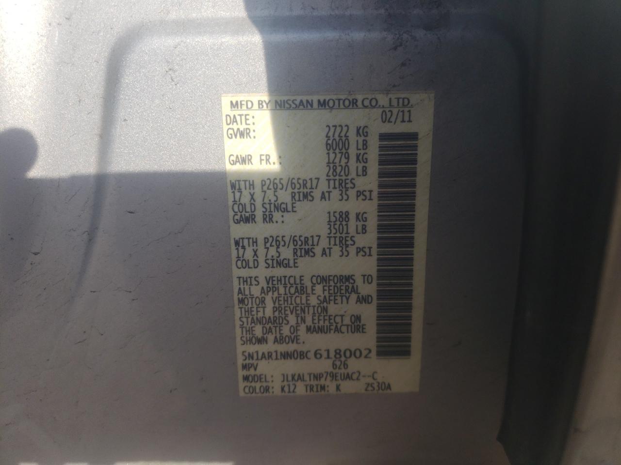 Photo 10 from auction – 2011 NISSAN PATHFINDER with VIN 5N1AR1NN0BC618002