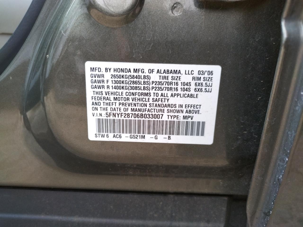 Photo 10 from auction – 2006 HONDA UK with VIN 5FNYF28706B033007