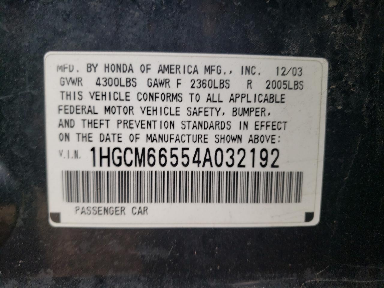 Photo 10 from auction – 2004 HONDA ACCORD EX with VIN 1HGCM66554A032192