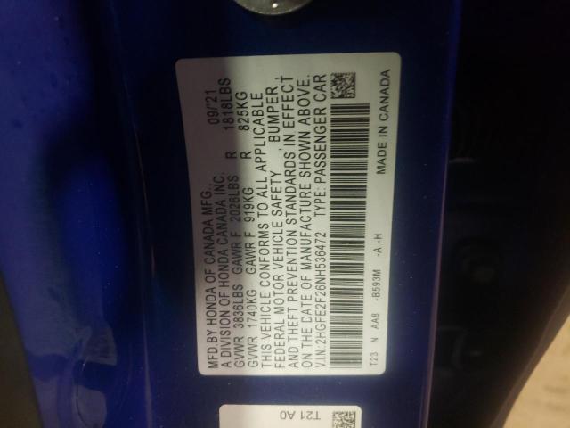 Photo 10 from auction – 2022 HONDA CIVIC LX with VIN 2HGFE2F26NH536472