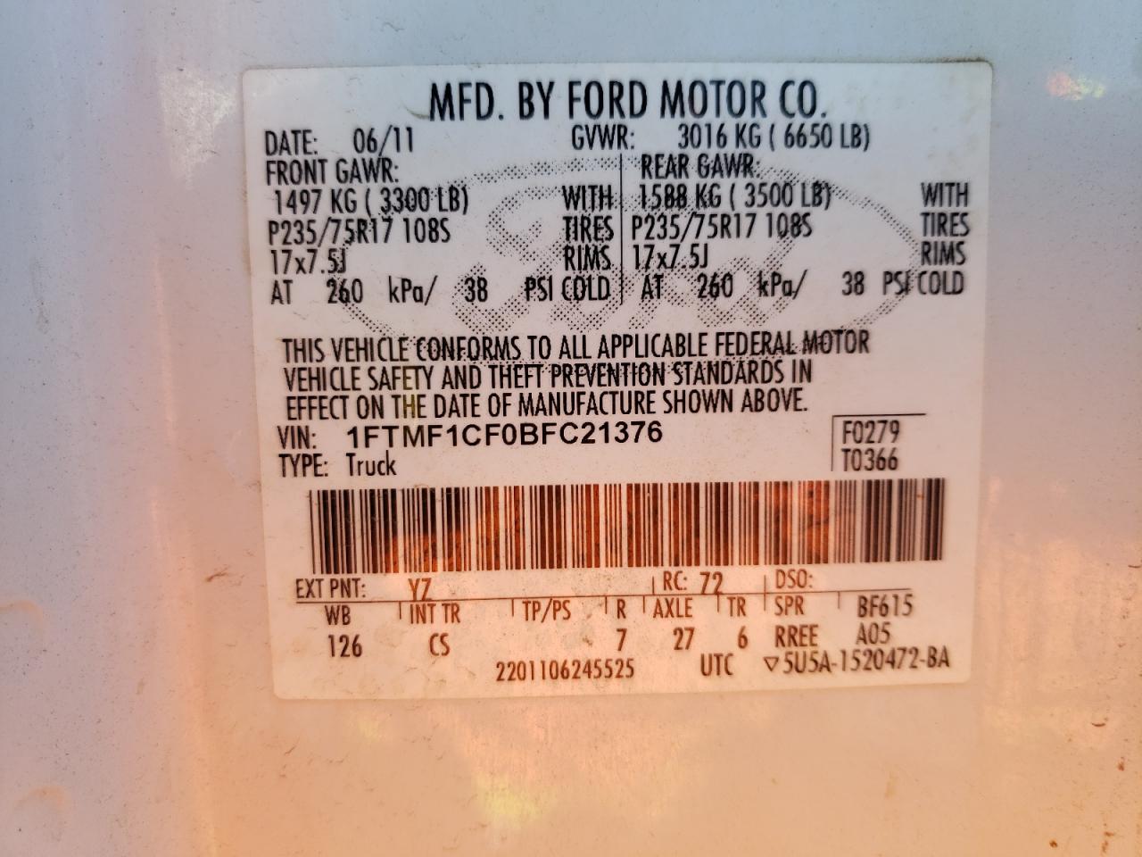 Photo 10 from auction – 2011 FORD F150 with VIN 1FTMF1CF0BFC21376