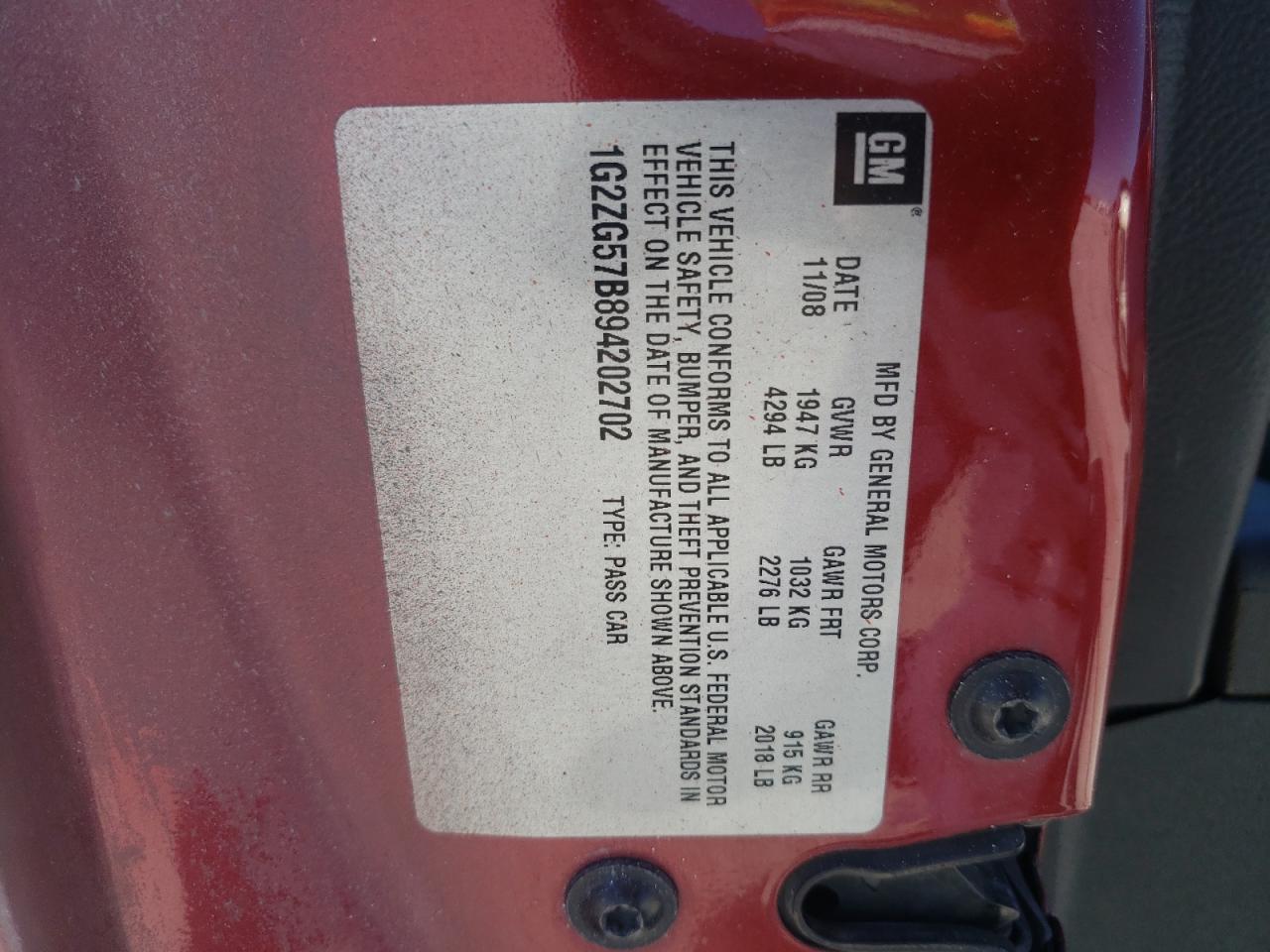 Photo 10 from auction – 2009 PONTIAC G6 with VIN 1G2ZG57B894202702