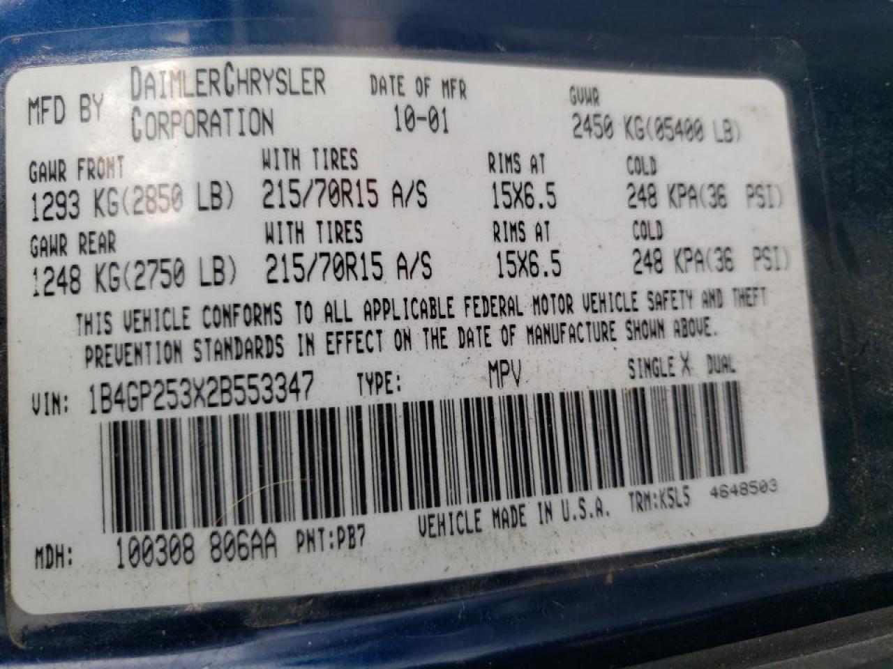 Photo 10 from auction – 2002 DODGE CARAVAN SE with VIN 1B4GP253X2B553347