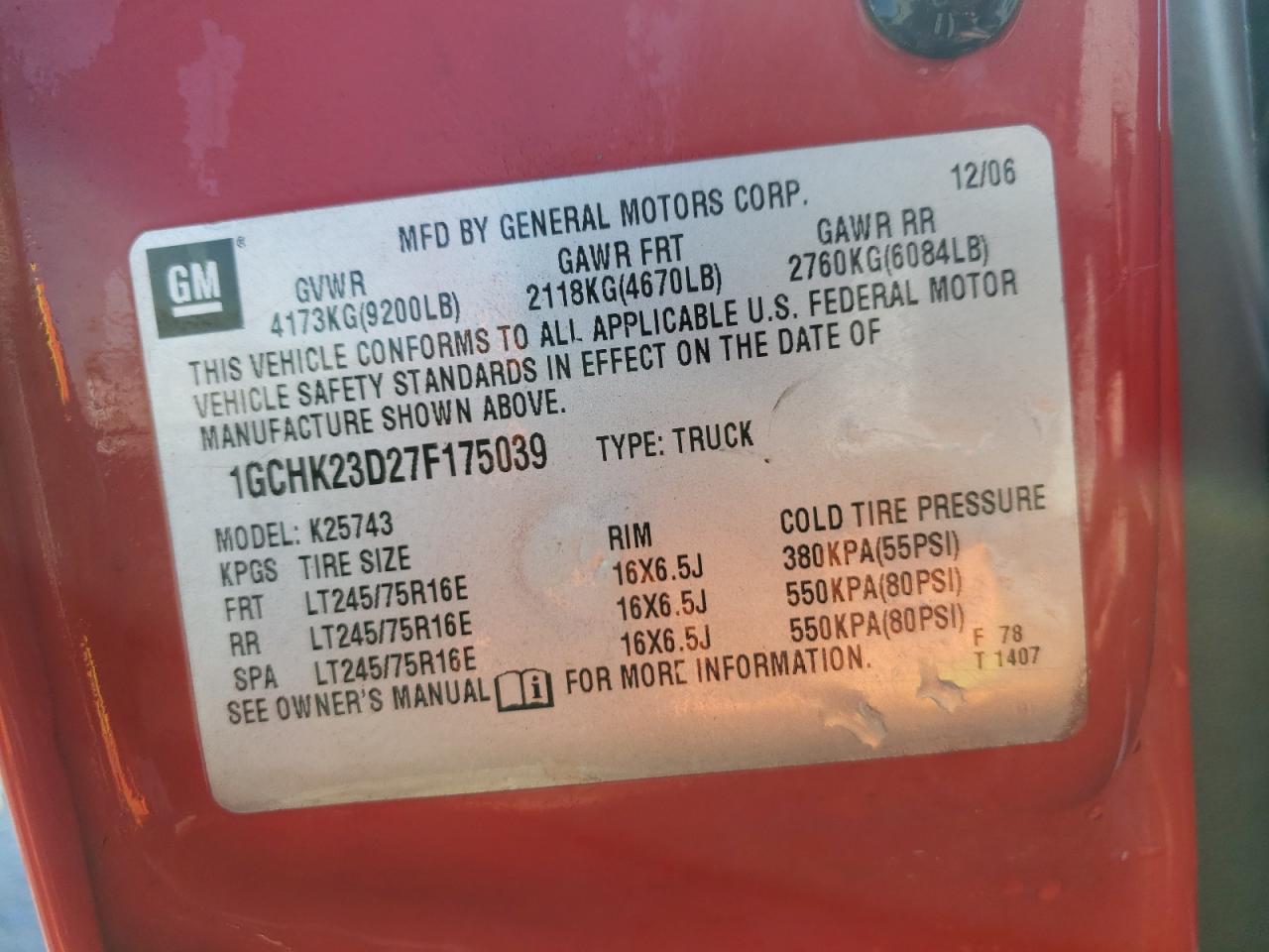Photo 10 from auction – 2007 CHEVROLET SILVERADO with VIN 1GCHK23D27F175039